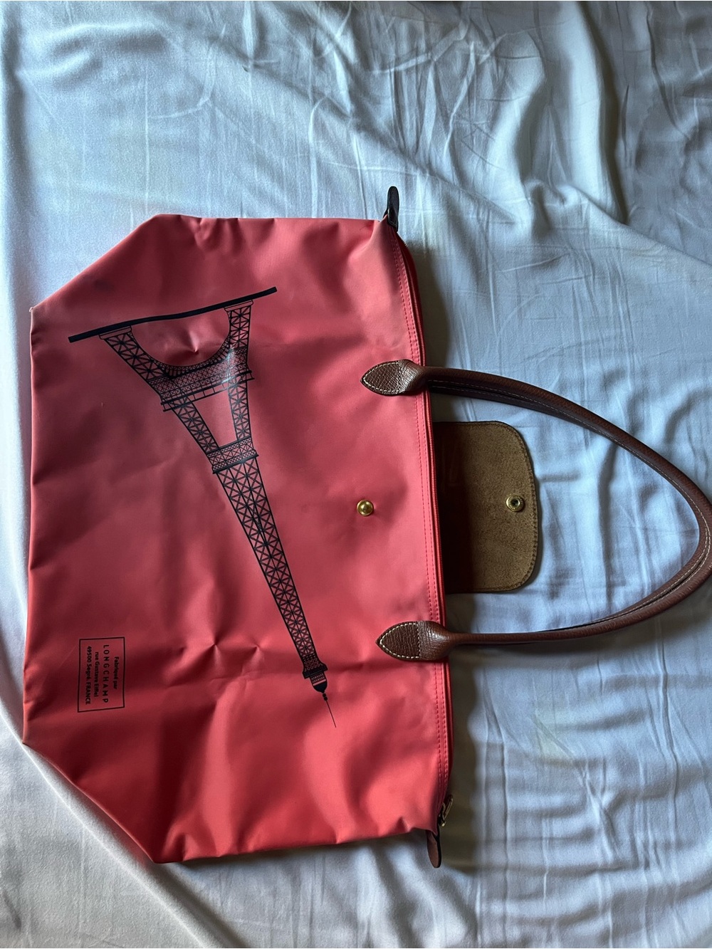 Longchamp Coral Tote with Eiffel Tower Print